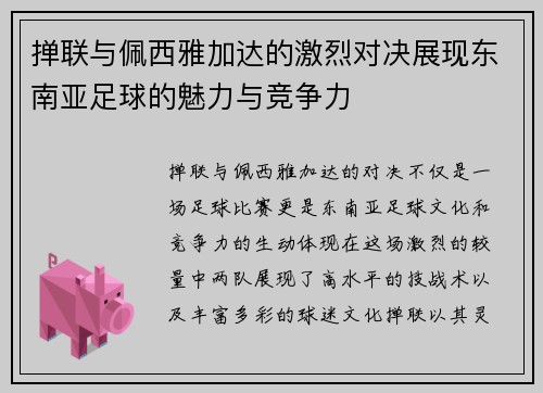掸联与佩西雅加达的激烈对决展现东南亚足球的魅力与竞争力
