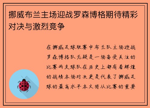 挪威布兰主场迎战罗森博格期待精彩对决与激烈竞争