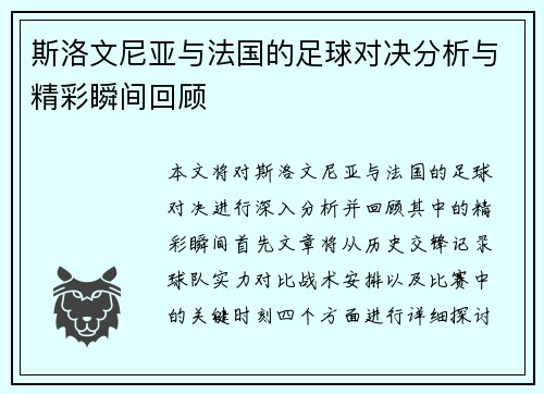 斯洛文尼亚与法国的足球对决分析与精彩瞬间回顾